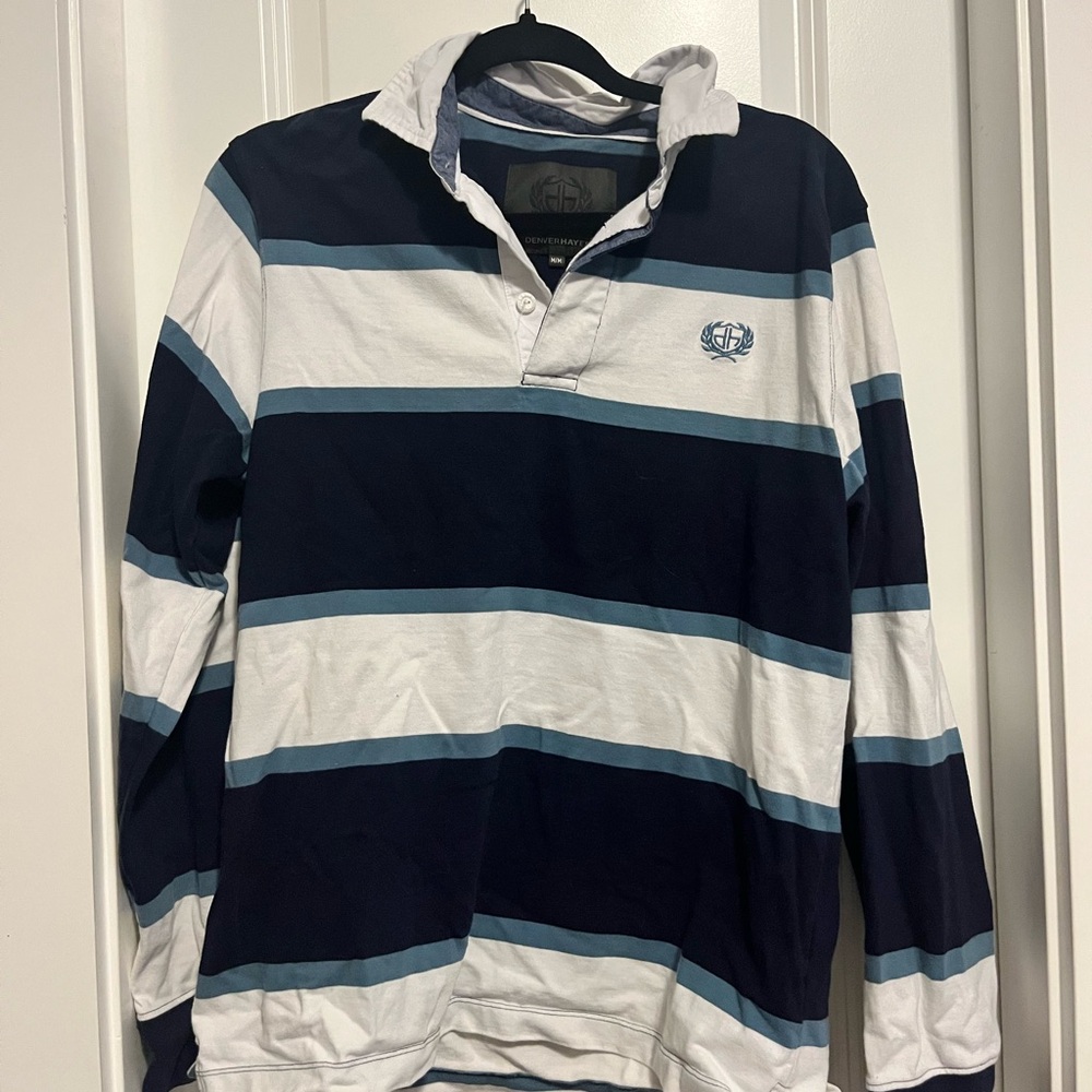 Denver Hayes Men's Long Sleeve Striped Shirt - Navy and White